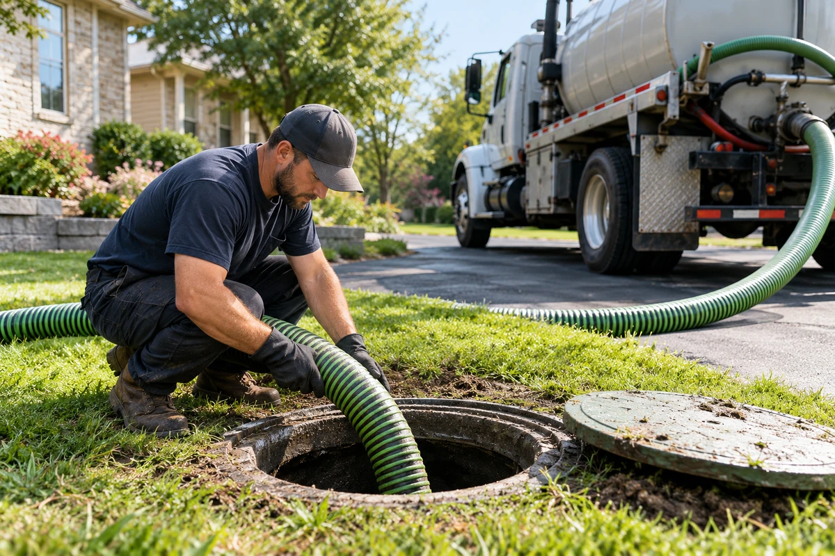 Technician inspecting tank level, baffles and access components at a local property in Covington, KY