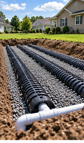 Cross section view of residential septic tank wastewater digestion and effluent treatment process
