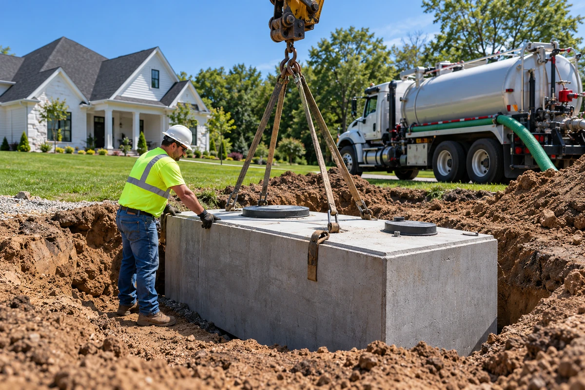 Technician inspecting tank level, baffles and access components at a local property in Kenton County, KY