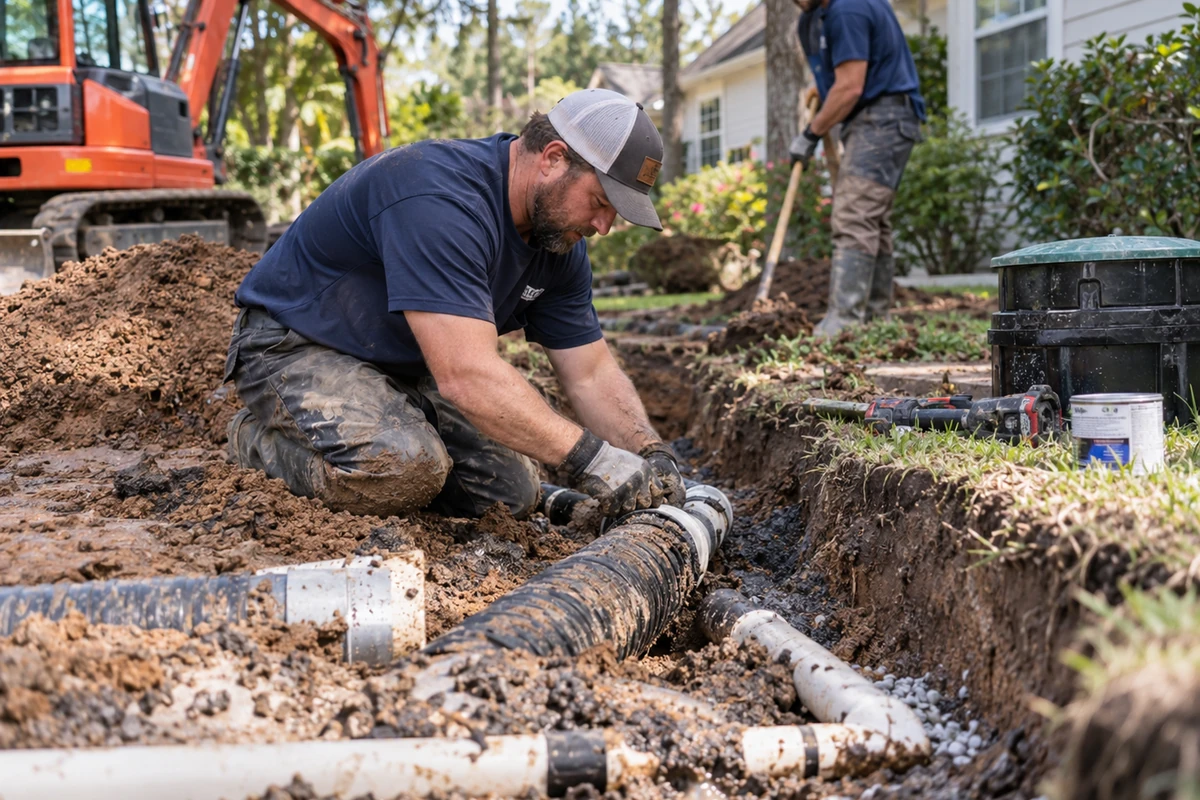 Technician documenting septic maintenance and checking the drainfield or system access area in Kenton County, KY