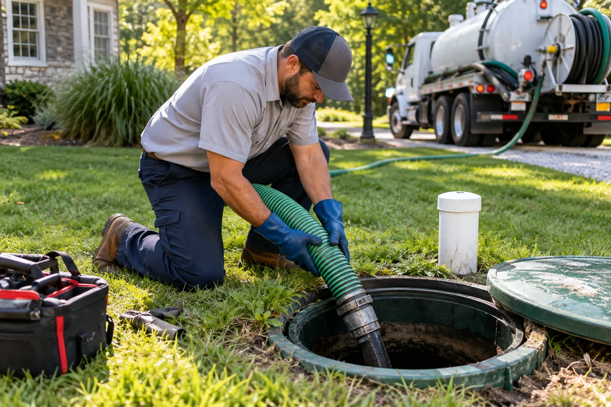 Technician evaluating an overflowing septic tank and isolating the unsafe area in Covington, KY